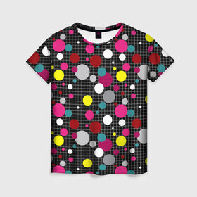 Женская футболка 3D с принтом Разноцветный горох на черном  в Белгороде, 100% полиэфир ( синтетическое хлопкоподобное полотно) | прямой крой, круглый вырез горловины, длина до линии бедер | Тематика изображения на принте: в горох | детский | для детей | желтый горох | клетка | красный | малышам | мальчиковый узор | разноцветный горох | темный | черный