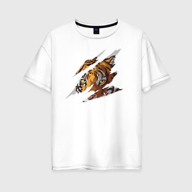Женская футболка хлопок Oversize с принтом Тигр в Белгороде, 100% хлопок | свободный крой, круглый ворот, спущенный рукав, длина до линии бедер
 | большая кошка | животные. дикая кошка | звери | порезы | тигр | хищник | царапины