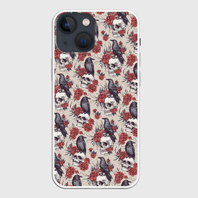 Чехол для iPhone 13 mini с принтом Skull raven в Белгороде,  |  | Тематика изображения на принте: art | flowers | gothic | pattern | raven | roses | skull | арт | ворон | готика | паттерн | розы | цветы | череп