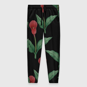 Женские брюки 3D с принтом Красные каллы на черном в Белгороде, полиэстер 100% | прямой крой, два кармана без застежек по бокам, с мягкой трикотажной резинкой на поясе и по низу штанин. В поясе для дополнительного комфорта — широкие завязки | 8 марта | flowers | march 8 | spring | ботаническая иллюстрация | весна | день рождения | зеленый | каллы | красный | лето | любовь | праздник | принт | природа | растения | цветы | черный