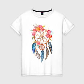 Женская футболка хлопок с принтом Ловец снов в Белгороде, 100% хлопок | прямой крой, круглый вырез горловины, длина до линии бедер, слегка спущенное плечо | акварель | ловец снов | перья | рисунок | цветы