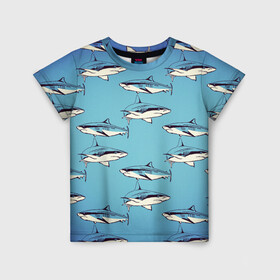 Детская футболка 3D с принтом Акулы Паттерн в Белгороде, 100% гипоаллергенный полиэфир | прямой крой, круглый вырез горловины, длина до линии бедер, чуть спущенное плечо, ткань немного тянется | shark | акулы | иллюстрация | морские жители | морские обитатели | паттерн | рисунок | рыбы