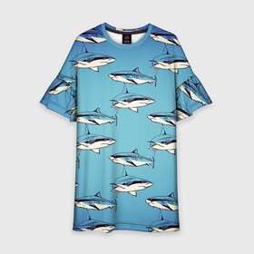 Детское платье 3D с принтом Акулы Паттерн в Белгороде, 100% полиэстер | прямой силуэт, чуть расширенный к низу. Круглая горловина, на рукавах — воланы | shark | акулы | иллюстрация | морские жители | морские обитатели | паттерн | рисунок | рыбы