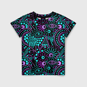 Детская футболка 3D с принтом Яркий абстрактный узор  в Белгороде, 100% гипоаллергенный полиэфир | прямой крой, круглый вырез горловины, длина до линии бедер, чуть спущенное плечо, ткань немного тянется | бирюзовый | в горошек | глаза | модный | молодежный | современный | фиолетовый | черный | экзотический