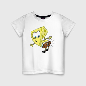 Детская футболка хлопок с принтом спанч Боб в Белгороде, 100% хлопок | круглый вырез горловины, полуприлегающий силуэт, длина до линии бедер | губка боб | дыра | мультсериал | спанч боб | штаны порвались | юмор