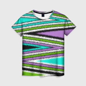 Женская футболка 3D с принтом Абстрактный асимметричный  в Белгороде, 100% полиэфир ( синтетическое хлопкоподобное полотно) | прямой крой, круглый вырез горловины, длина до линии бедер | асимметричный | бирюзовый молодежный | комбинированный | косые полосы | креативный | мужской | темный | фиолетовый | штрихи