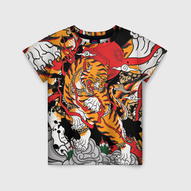 Детская футболка 3D с принтом Самурайский тигр в Белгороде, 100% гипоаллергенный полиэфир | прямой крой, круглый вырез горловины, длина до линии бедер, чуть спущенное плечо, ткань немного тянется | воин | год тигра | закат | крупная кошка | полосы | тигр | тигриная лапа | хищник