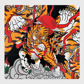 Магнитный плакат 3Х3 с принтом Самурайский тигр в Белгороде, Полимерный материал с магнитным слоем | 9 деталей размером 9*9 см | воин | год тигра | закат | крупная кошка | полосы | тигр | тигриная лапа | хищник