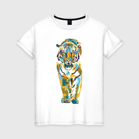 Женская футболка хлопок с принтом Тигр-грация в Белгороде, 100% хлопок | прямой крой, круглый вырез горловины, длина до линии бедер, слегка спущенное плечо | tiger | арт | живопись | кошка | крупная кошка | тигр | хищник