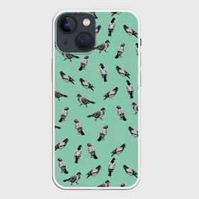 Чехол для iPhone 13 mini с принтом Голуби на зеленом в Белгороде,  |  | pigeon | голуби | голубь | домашние голуби | зеленый | иллюстрация | паттерн | птицы | рисунок
