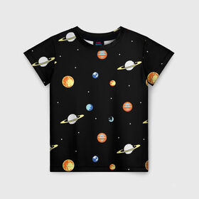 Детская футболка 3D с принтом Планеты в космосе в Белгороде, 100% гипоаллергенный полиэфир | прямой крой, круглый вырез горловины, длина до линии бедер, чуть спущенное плечо, ткань немного тянется | Тематика изображения на принте: венера | звезды | земля | иллюстрация | космос | паттерн | планеты | рисунок | сатурн | черный | юпитер