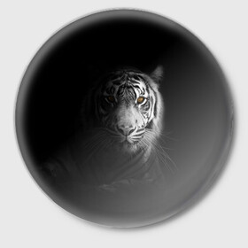 Значок с принтом БЕЛЫЙ ТИГР в Белгороде,  металл | круглая форма, металлическая застежка в виде булавки | Тематика изображения на принте: animal | art | beast | cat | hunter | picture | power | strong | tiger | white | белый | благородный | гордый | дикие | животные | звери | кошки | охотник | тигр | хищник | царь