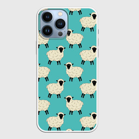 Чехол для iPhone 13 Pro Max с принтом Овечки паттерн на бирюзовом в Белгороде,  |  | Тематика изображения на принте: анималистичный принт | бирюзовый | бирюзовый цвет | животные | звери | иллюстрация | овечки | овца | овцы | паттерн | ферма | черное копытце | ягненок