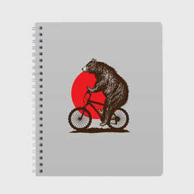 Тетрадь с принтом Медведь на велосиеде в Белгороде, 100% бумага | 48 листов, плотность листов — 60 г/м2, плотность картонной обложки — 250 г/м2. Листы скреплены сбоку удобной пружинной спиралью. Уголки страниц и обложки скругленные. Цвет линий — светло-серый
 | вело | велосипед | медведь | солнце | спорт | япония