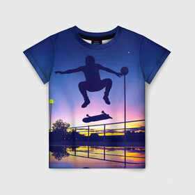 Детская футболка 3D с принтом Skateboarding в Белгороде, 100% гипоаллергенный полиэфир | прямой крой, круглый вырез горловины, длина до линии бедер, чуть спущенное плечо, ткань немного тянется | board | man | skate | skateboard | skateboarder | skateboarding | sport | street | sunset | доска | закат | скейт | скейтборд | скейтбординг | скейтбордист | спорт | улица | человек