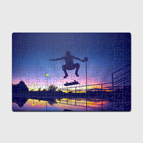 Головоломка Пазл магнитный 126 элементов с принтом Skateboarding в Белгороде, полимерный материал с магнитным слоем | 126 деталей, размер изделия —  180*270 мм | Тематика изображения на принте: board | man | skate | skateboard | skateboarder | skateboarding | sport | street | sunset | доска | закат | скейт | скейтборд | скейтбординг | скейтбордист | спорт | улица | человек