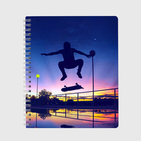 Тетрадь с принтом Skateboarding в Белгороде, 100% бумага | 48 листов, плотность листов — 60 г/м2, плотность картонной обложки — 250 г/м2. Листы скреплены сбоку удобной пружинной спиралью. Уголки страниц и обложки скругленные. Цвет линий — светло-серый
 | Тематика изображения на принте: board | man | skate | skateboard | skateboarder | skateboarding | sport | street | sunset | доска | закат | скейт | скейтборд | скейтбординг | скейтбордист | спорт | улица | человек