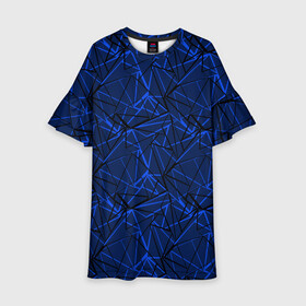 Детское платье 3D с принтом Черно-синий геометрический   в Белгороде, 100% полиэстер | прямой силуэт, чуть расширенный к низу. Круглая горловина, на рукавах — воланы | Тематика изображения на принте: абстрактный | геометрические фигуры | геометрический | модный | молодежный | полосы | синий | синий и черный