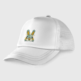 Детская кепка тракер с принтом Безумный кролик в Белгороде, Козырек - 100% хлопок. Кепка - 100% полиэстер, Задняя часть - сетка | универсальный размер, пластиковая застёжка | rabbit | безумие | животное | заяц | зверь | крол | кролик | трус