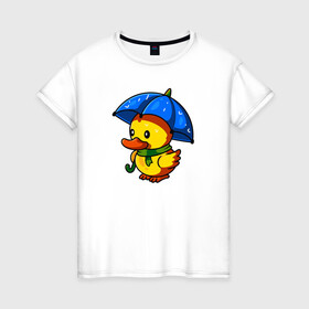 Женская футболка хлопок с принтом Утенок под зонтом в Белгороде, 100% хлопок | прямой крой, круглый вырез горловины, длина до линии бедер, слегка спущенное плечо | duck | дождь | зонт | милота | птица | утенок | утка | утка в шарфе
