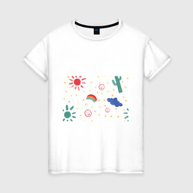 Женская футболка хлопок с принтом детский рисунок в Белгороде, 100% хлопок | прямой крой, круглый вырез горловины, длина до линии бедер, слегка спущенное плечо | горошек | детский | радуга | рисунок | смайлик | солнышко