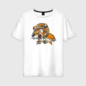 Женская футболка хлопок Oversize с принтом Hey, Tiger! в Белгороде, 100% хлопок | свободный крой, круглый ворот, спущенный рукав, длина до линии бедер
 | tiger | больша кошка | дикая кошка | зверь | кошка | тигр | тигр в шлеме | тигр на байке | хищник