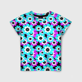 Детская футболка 3D с принтом Яркие бирюзовые цветы  в Белгороде, 100% гипоаллергенный полиэфир | прямой крой, круглый вырез горловины, длина до линии бедер, чуть спущенное плечо, ткань немного тянется | бирюзовые цветы | бордовый | детский | для детей | малышам | неоновый | ретро | цветочный узор