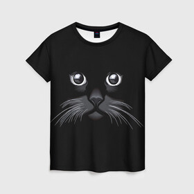 Женская футболка 3D с принтом Кот Журбей в Белгороде, 100% полиэфир ( синтетическое хлопкоподобное полотно) | прямой крой, круглый вырез горловины, длина до линии бедер | большие глаза | голова кота | милота. | мордочка | настроение | позитив | усики | черный