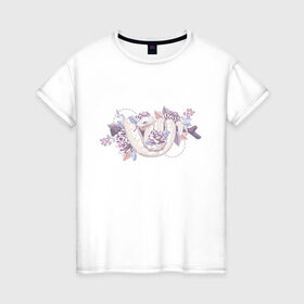Женская футболка хлопок с принтом Белая змея и цветы в Белгороде, 100% хлопок | прямой крой, круглый вырез горловины, длина до линии бедер, слегка спущенное плечо | белая | букет | бутон | ветвь | ветка | гадюка | змея | питон | розовая | удав | цветы