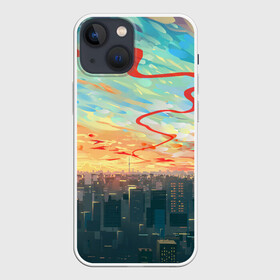 Чехол для iPhone 13 mini с принтом Токио красками в Белгороде,  |  | акварелью | аниме | ветер | город | закат | здания | красками | мегаполис | облака | постройки | рассвет | стиль | столица | токио | тучи | япония