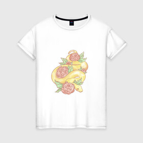 Женская футболка хлопок с принтом Змея акварелью в Белгороде, 100% хлопок | прямой крой, круглый вырез горловины, длина до линии бедер, слегка спущенное плечо | акварелью | букет | бутон | ветвь | ветка | гадюка | змея | красками | питон | удав | цветы