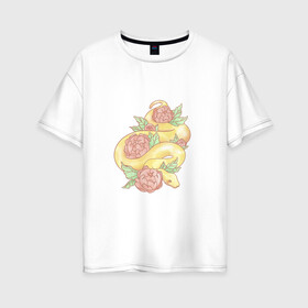 Женская футболка хлопок Oversize с принтом Змея акварелью в Белгороде, 100% хлопок | свободный крой, круглый ворот, спущенный рукав, длина до линии бедер
 | акварелью | букет | бутон | ветвь | ветка | гадюка | змея | красками | питон | удав | цветы