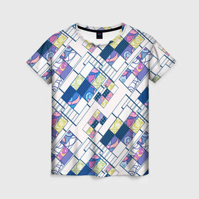 Женская футболка 3D с принтом Этнический узор пэчворк  в Белгороде, 100% полиэфир ( синтетическое хлопкоподобное полотно) | прямой крой, круглый вырез горловины, длина до линии бедер | абстрактный | белый и синий | геометрический | заплатки | популярный | современный | этнический