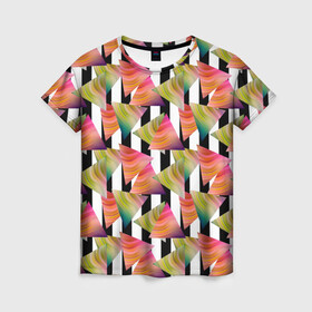 Женская футболка 3D с принтом Абстрактный полосатый узор  в Белгороде, 100% полиэфир ( синтетическое хлопкоподобное полотно) | прямой крой, круглый вырез горловины, длина до линии бедер | абстрактный | геометрические фигуры | молодежный | полосатый | радужный | черные полосы