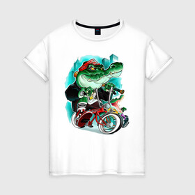 Женская футболка хлопок с принтом Крокодил в Белгороде, 100% хлопок | прямой крой, круглый вырез горловины, длина до линии бедер, слегка спущенное плечо | байк | банда | колесо | крокодил | пасть