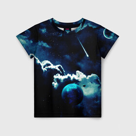 Детская футболка 3D с принтом КОСМИЧЕСКИЕ ОБЛАКА в Белгороде, 100% гипоаллергенный полиэфир | прямой крой, круглый вырез горловины, длина до линии бедер, чуть спущенное плечо, ткань немного тянется | Тематика изображения на принте: вселенная | звёзды | комета | космос | облака | планета