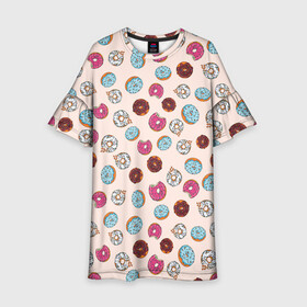 Детское платье 3D с принтом Пончики донаты паттерн в Белгороде, 100% полиэстер | прямой силуэт, чуть расширенный к низу. Круглая горловина, на рукавах — воланы | Тематика изображения на принте: десерт | донаты | еда | паттерн | пончики | розовый | сладкое | шоколадный
