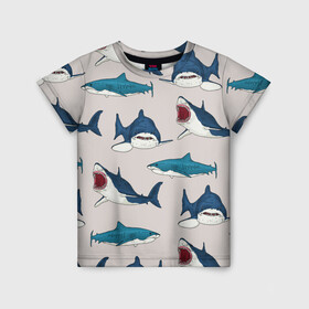 Детская футболка 3D с принтом Кровожадные акулы паттерн в Белгороде, 100% гипоаллергенный полиэфир | прямой крой, круглый вырез горловины, длина до линии бедер, чуть спущенное плечо, ткань немного тянется | shark | акулы | кровожадные акулы | морские обитатели | опасный | паттерн | синий