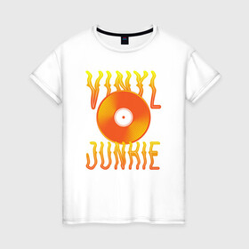 Женская футболка хлопок с принтом Vinyl Junkie в Белгороде, 100% хлопок | прямой крой, круглый вырез горловины, длина до линии бедер, слегка спущенное плечо | dj | english | vinyl junkie | диджей | музыкант | пластинка | по английски