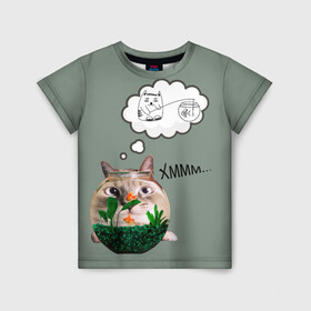 Детская футболка 3D с принтом Мечты в Белгороде, 100% гипоаллергенный полиэфир | прямой крой, круглый вырез горловины, длина до линии бедер, чуть спущенное плечо, ткань немного тянется | кот | крючок | мечта | рыба | удочка