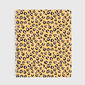 Тетрадь с принтом Желтый леопардовый принт в Белгороде, 100% бумага | 48 листов, плотность листов — 60 г/м2, плотность картонной обложки — 250 г/м2. Листы скреплены сбоку удобной пружинной спиралью. Уголки страниц и обложки скругленные. Цвет линий — светло-серый
 | Тематика изображения на принте: желтый | леопардовый принт | паттерн | пятна | пятнистый | розовый | текстура