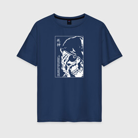 Женская футболка хлопок Oversize с принтом Мрачный жнец в Белгороде, 100% хлопок | свободный крой, круглый ворот, спущенный рукав, длина до линии бедер
 | death | жнец | иероглифы | монстр | скелет | цитата | череп