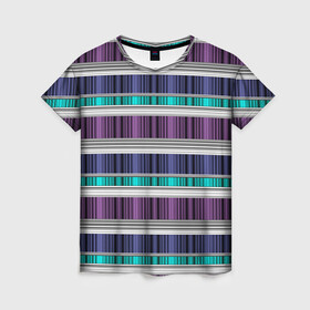 Женская футболка 3D с принтом Бирюзово-сиреневый полосатый  в Белгороде, 100% полиэфир ( синтетическое хлопкоподобное полотно) | прямой крой, круглый вырез горловины, длина до линии бедер | абстрактный | бирюзовый | модный | разноцветный полосы | серый | современный | фиолетовый