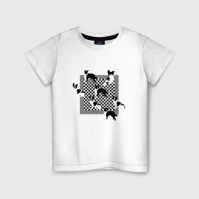 Детская футболка хлопок с принтом Черно-белые собачки в Белгороде, 100% хлопок | круглый вырез горловины, полуприлегающий силуэт, длина до линии бедер | checkerboard | анималистичный принт | бордер колли | бостон терьер | геометрия | животные | иллюстрация | монохром | оп арт | оптический арт | папиллион | рисунок | собаки | собачки | французский бульдог
