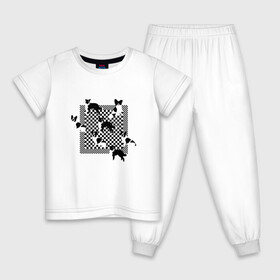 Детская пижама хлопок с принтом Черно-белые собачки в Белгороде, 100% хлопок |  брюки и футболка прямого кроя, без карманов, на брюках мягкая резинка на поясе и по низу штанин
 | checkerboard | анималистичный принт | бордер колли | бостон терьер | геометрия | животные | иллюстрация | монохром | оп арт | оптический арт | папиллион | рисунок | собаки | собачки | французский бульдог