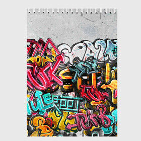 Скетчбук с принтом Graffiti on the wall в Белгороде, 100% бумага
 | 48 листов, плотность листов — 100 г/м2, плотность картонной обложки — 250 г/м2. Листы скреплены сверху удобной пружинной спиралью | Тематика изображения на принте: абстракция | граффити | надписи | надписи текстура | паттерн граффити | текстура | текстура граффити | шрифт