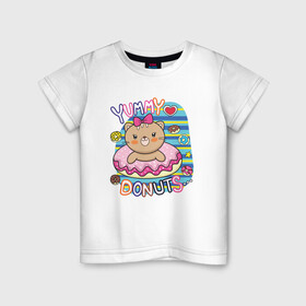 Детская футболка хлопок с принтом Мишка в пончике в Белгороде, 100% хлопок | круглый вырез горловины, полуприлегающий силуэт, длина до линии бедер | Тематика изображения на принте: девочка | медведь | медвежонок | мишка | пончик | сладости