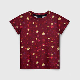Детская футболка 3D с принтом Россыпи золотых звезд в Белгороде, 100% гипоаллергенный полиэфир | прямой крой, круглый вырез горловины, длина до линии бедер, чуть спущенное плечо, ткань немного тянется | блеск | блестящий | детский | звезды | золото | золотой и красный | красный | модный