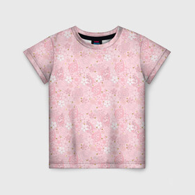 Детская футболка 3D с принтом Нежно розовые цветы с блеском в Белгороде, 100% гипоаллергенный полиэфир | прямой крой, круглый вырез горловины, длина до линии бедер, чуть спущенное плечо, ткань немного тянется | блеск | блестки | детский | золото | малышам | нежно розовый | розовые цветы | розовый и золотой