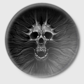 Значок с принтом ЧЕРЕП С КЛЫКАМИ в Белгороде,  металл | круглая форма, металлическая застежка в виде булавки | Тематика изображения на принте: dark | death | fear | skelet | skull | байкерам | голова | готика | клыки | кости | крик | оскал | скелет | тьма | ужас | череп | черный